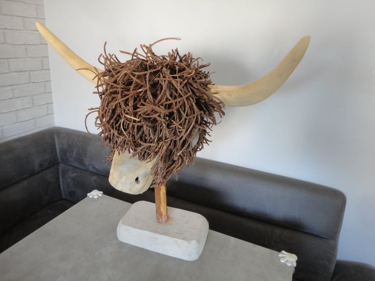 voyage maison wooden highland cow sculpture on stand 65 x 64 cms 