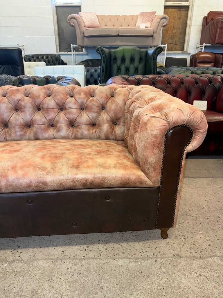 Chesterfield brown leather unique two seater sofa with footstool