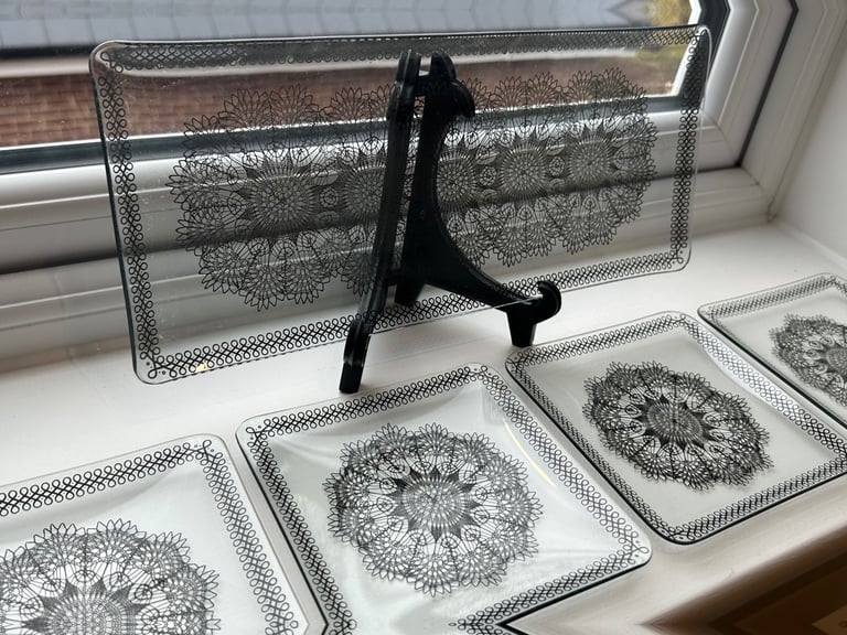 Vintage Chance Bothers Black Glass Rectangular Dish with 'Lace' Design Early 1950s