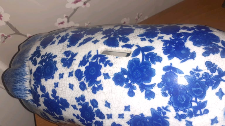 Vintage Large Piggy Bank Blue and white 