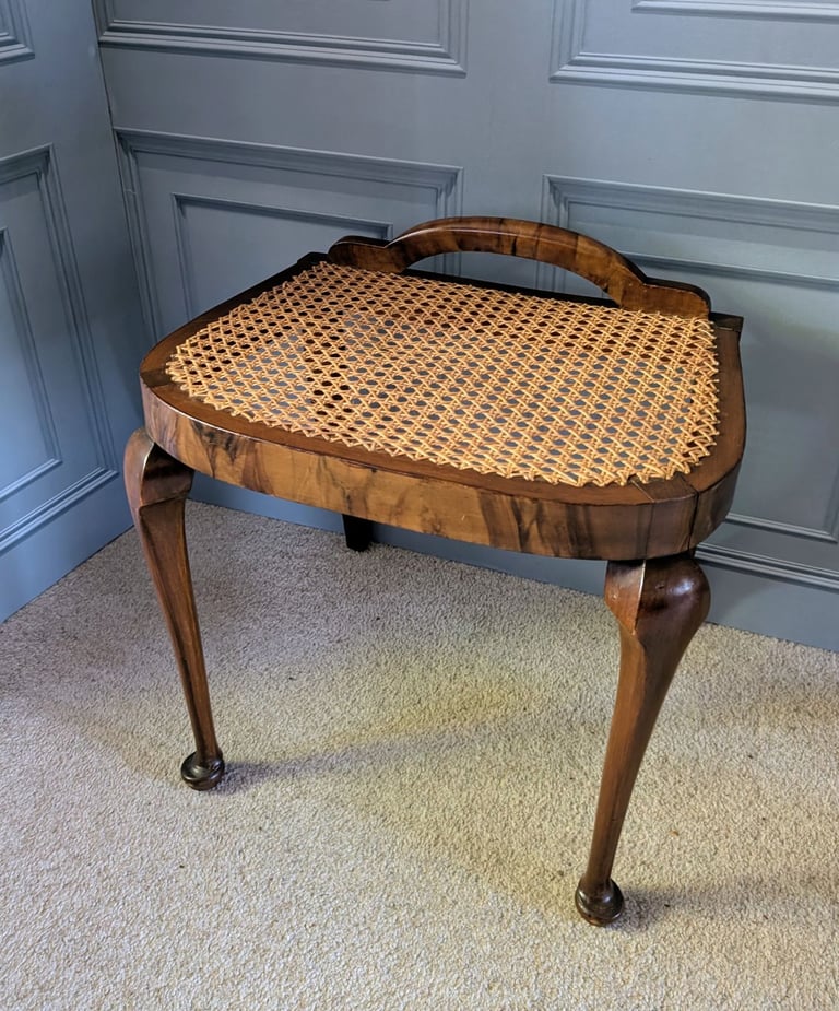 Art deco burr walnut veneer dressing table stool with cane seat 