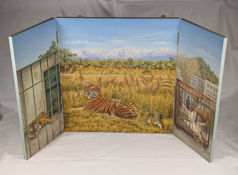 Original oil painting - Tiger Triptych, oil on hinged board, art artwork