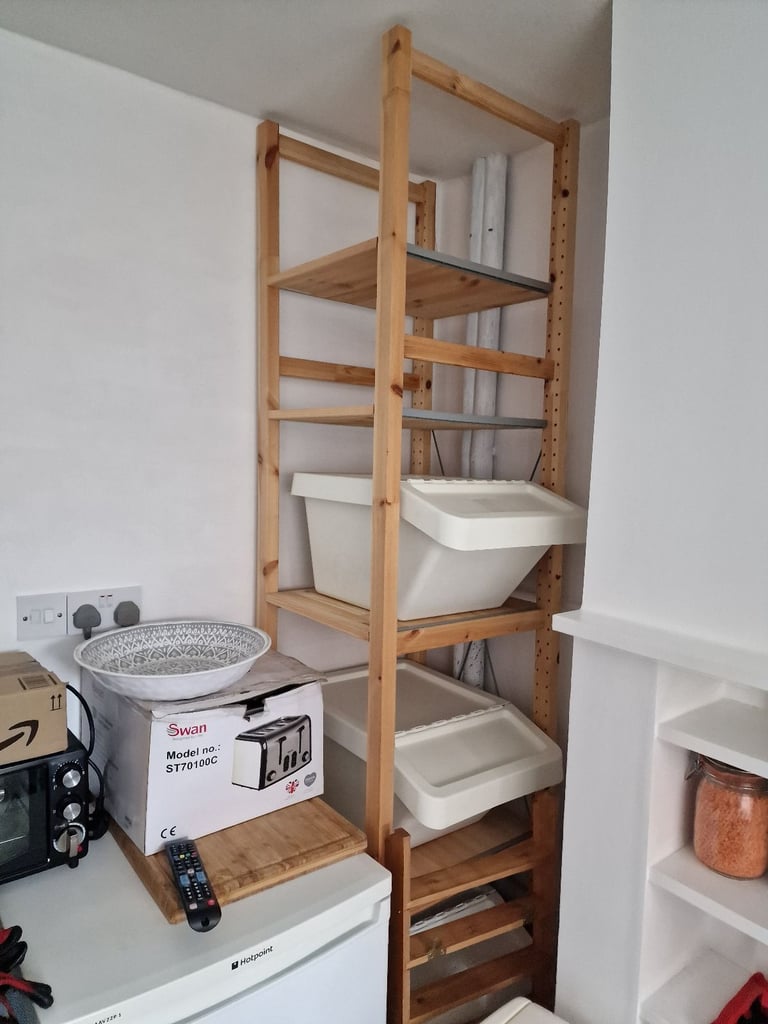 IVAR Shelving unit by IKEA, pine, 49cm x 50 cm x 2.27m tall, with 3 Sortera storage boxs