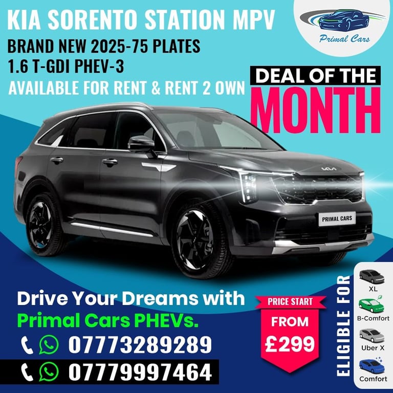 PCO CAR HIRE- 7 SEATER KIA SORENTO PLUG IN 75 PLATE BRAND NEW FIRST WEEK 50% RENT OFF-UBER REDY