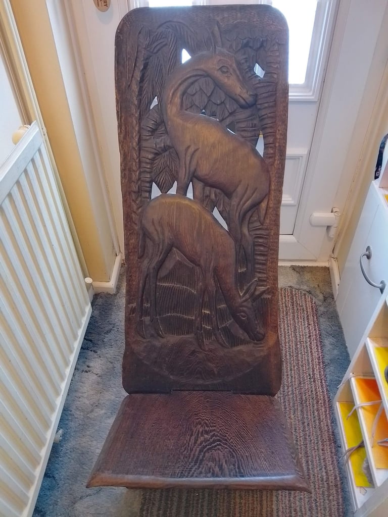 image for Antique Old African Wooden Hand Carved Deer Design beautiful High Back Slant chair.