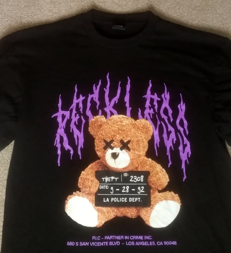 FSBN Unisex Reckless Partner In Crime Teddy Bear T-Shirt Medium Relaxed Fit 42 Inch