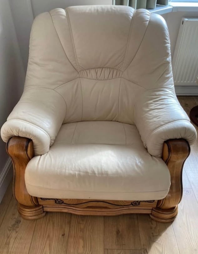 Cream Leather 2 Seater Sofa & Chair