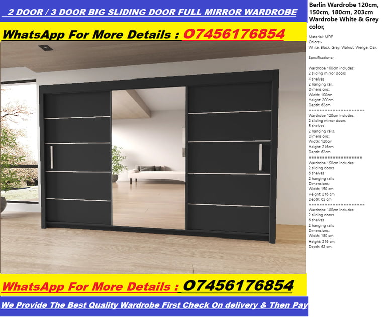 2 DOOR / 3 DOOR BIG SLIDING DOOR FULL MIRROR WARDROBE in Southside