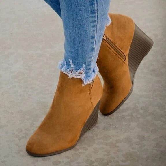 image for New Light Tan-Camel Suede Round Toe Wide Fit Wedge Heels Zipped Ankle Boots.Size 4.POST OR COLLECT!