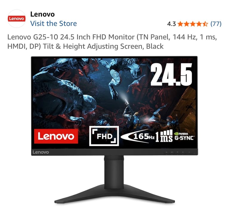 image for Lenovo G25-10 24.5 Inch FHD Monitor (TN Panel, 144 Hz, 1 ms, HMDI, DP) Tilt & Height Adjusting Scree