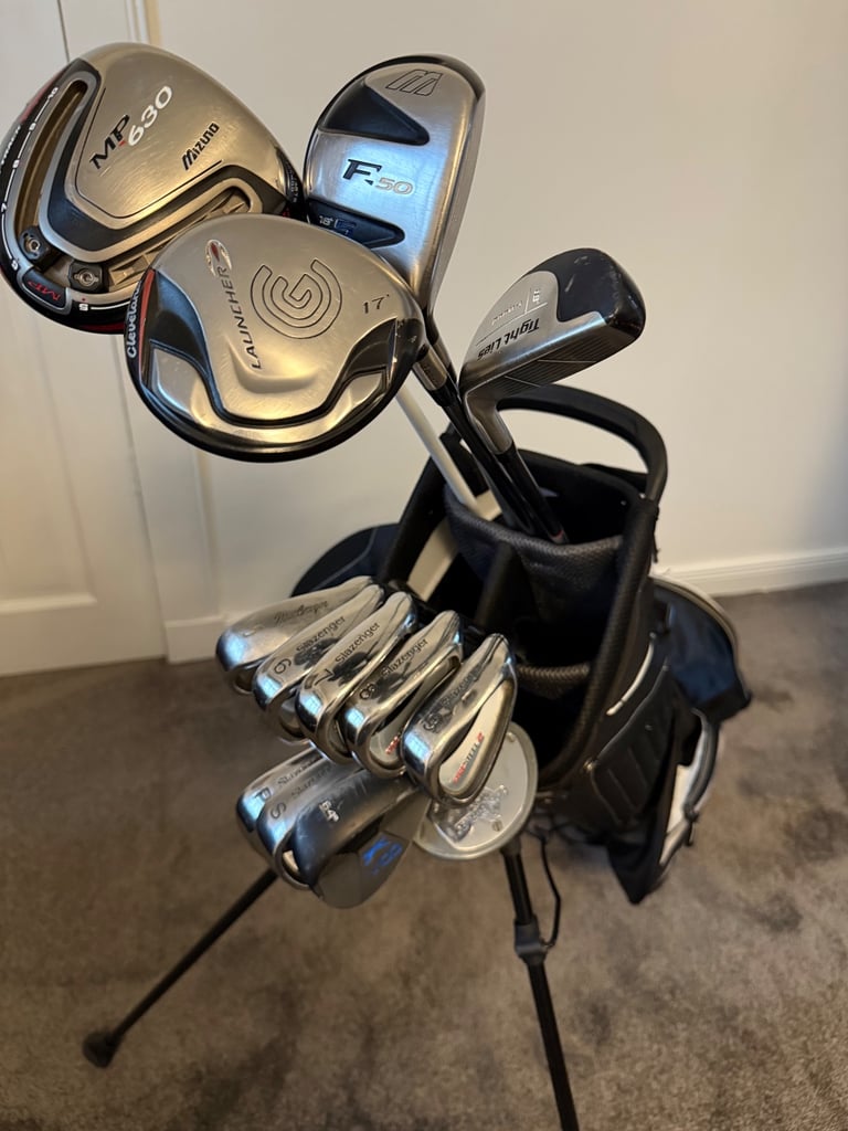 Full set of Mizuno, clevland, Slazenger golf clubs + Callaway stand bag