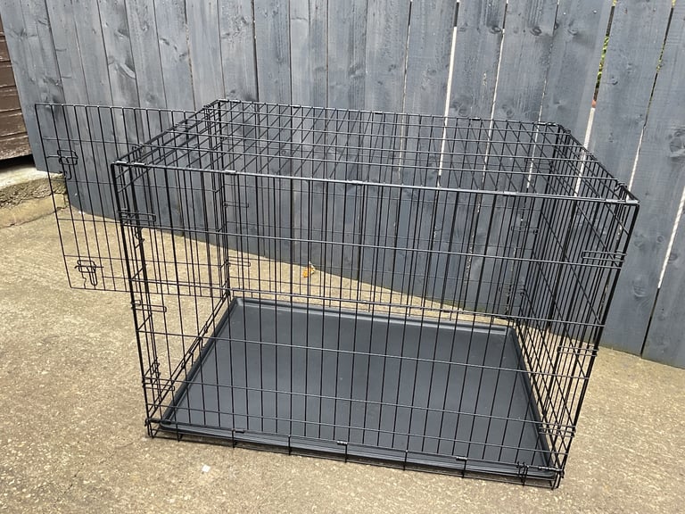 Extra large dog cage, crate, black metal, plastic tray