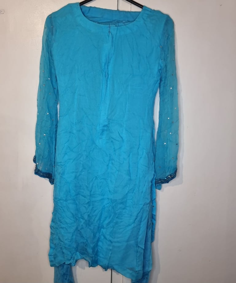New.Light blue churidar kameez, jacket, scarf sequin embroidered wedding party asia. Asian dress