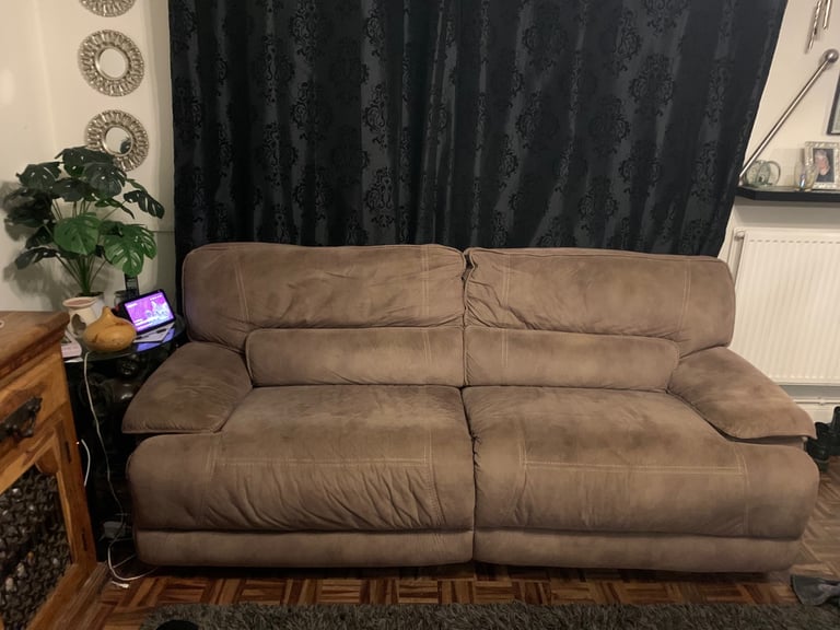 Electric Reclining three seater +2 seater sofas Taupe colour suede leather.