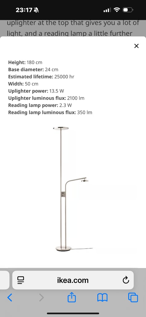 IKEA ISJAKT LED floor uplighter/reading lamp, dimmable/nickel-plated, 180 cm