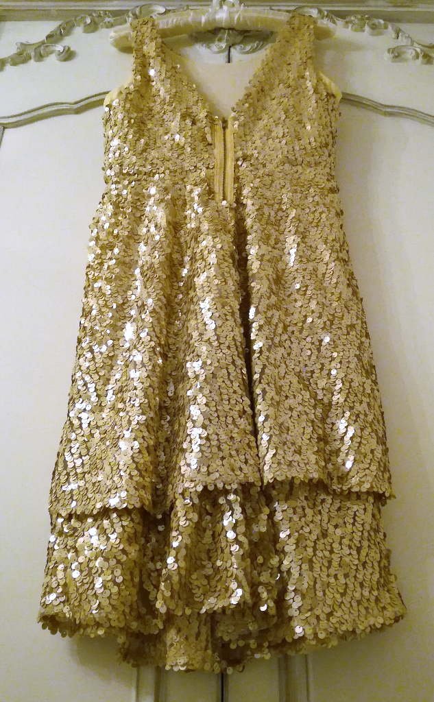 DESIGNER SEQUIN DRESS Peach Gold Short 2 Tier Ruffle Sleeveless Scoop Neck Zip Hour Glass Style PROM