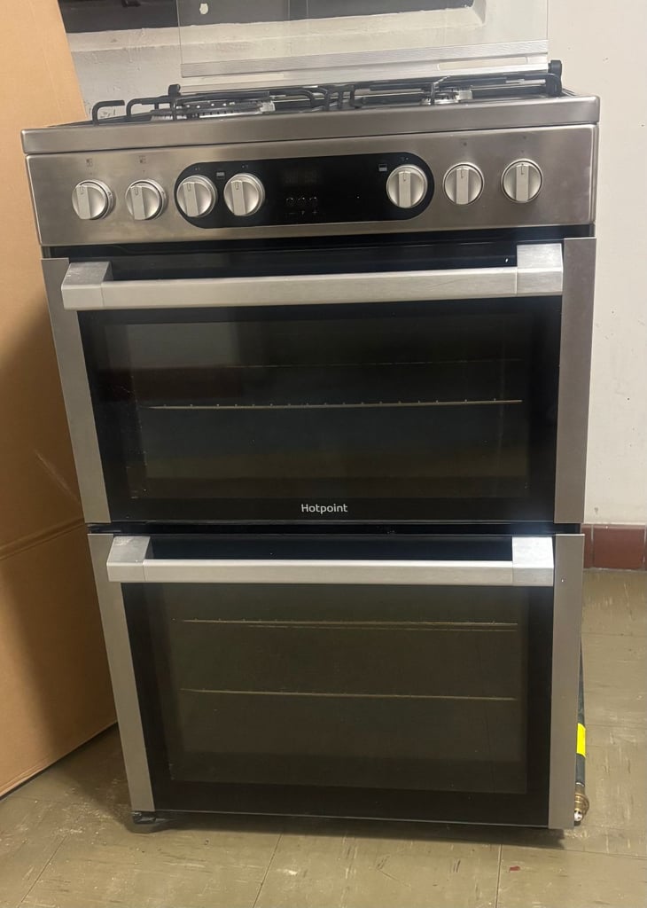 image for Hotpoint 60cm Gas Double Cooker with Glass Lid - Stainless Steel