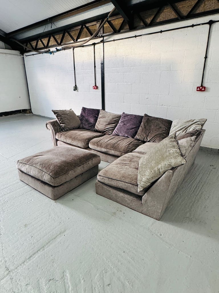 Crushed velvet corner sofa with footstool (comfortable, excellent condition)