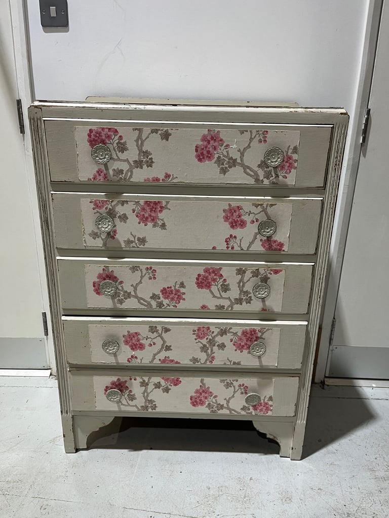 image for Share Shabby Chic Wooden White Painted Cherry Blossom Chest Of Drawers Bishops Waltham