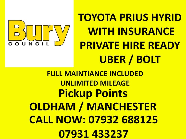 Private Hire Cars - BURY COUNCIL - TOYOTA PRIUS WITH INSURANCE - Taxi Rentals - Uber Cars