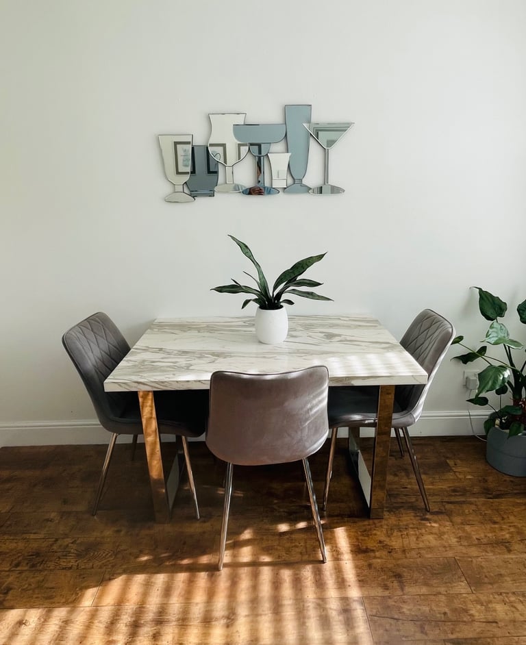 Grey and white marble effect dining table with 3 chairs 