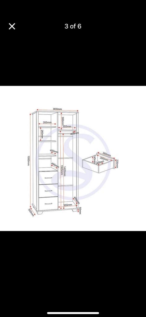 Wardrobe with shelves,drawers and rail