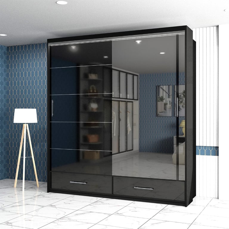 ⚡🌟Brand New High Gloss 2 or 3 Doors Sliding Wardrobe with Mirrors, Drawers, LED Light included