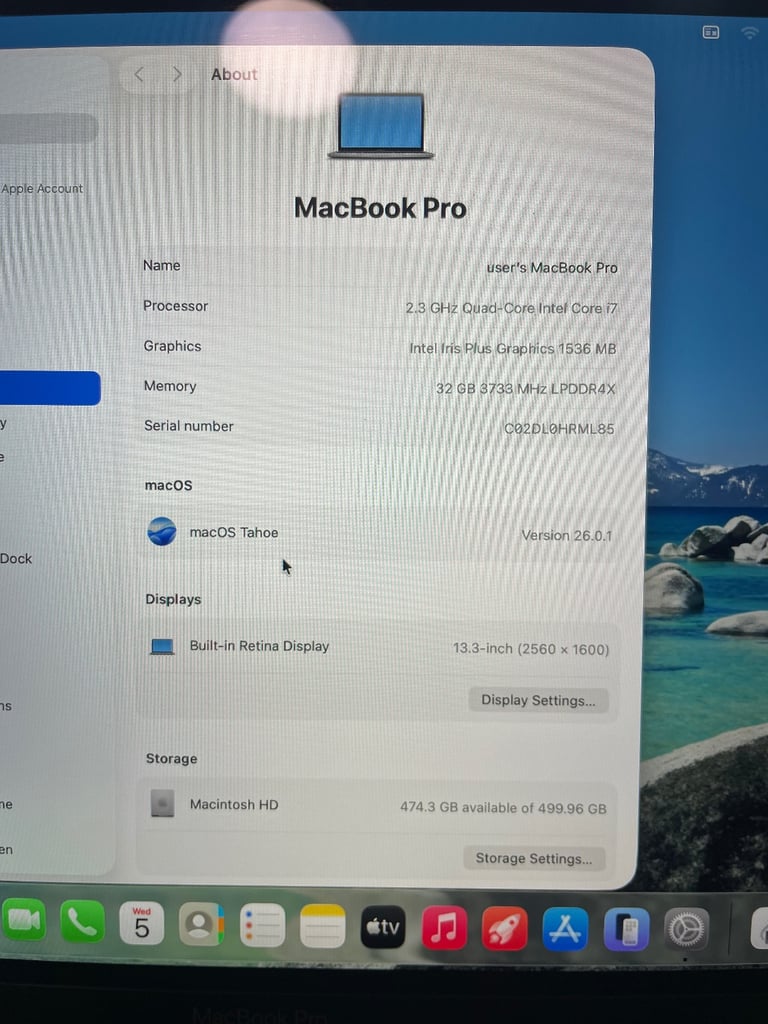 MacBook Pro, 13”, 2020, i7, 32GB RAM, 500GB SSD, Touch Bar and Touch ID 