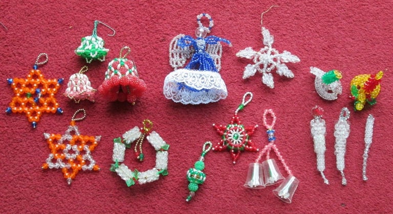 Christmas tree decorations, new, beaded assorted total 16 handcrafted in USA 