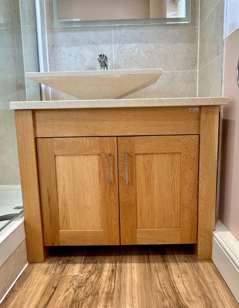 image for  ﻿Handmade Solid Oak and Marble Bathroom Vanity Unit with Chrome Tap