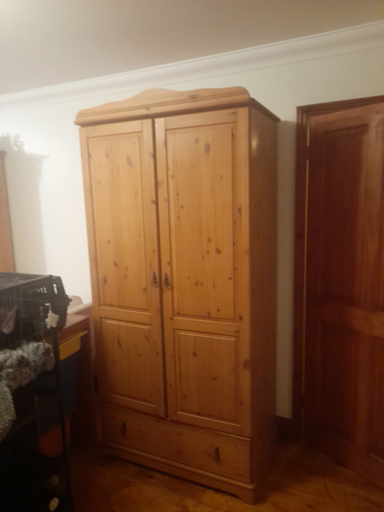 image for Large Wooden Two Door Wardrobe with Mirror, Shelf, Rail & Drawer