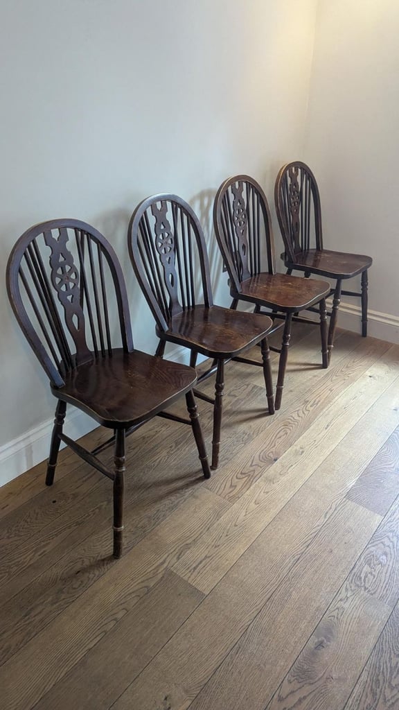 Set of 4 Vintage Wheelback Chairs, dark wood