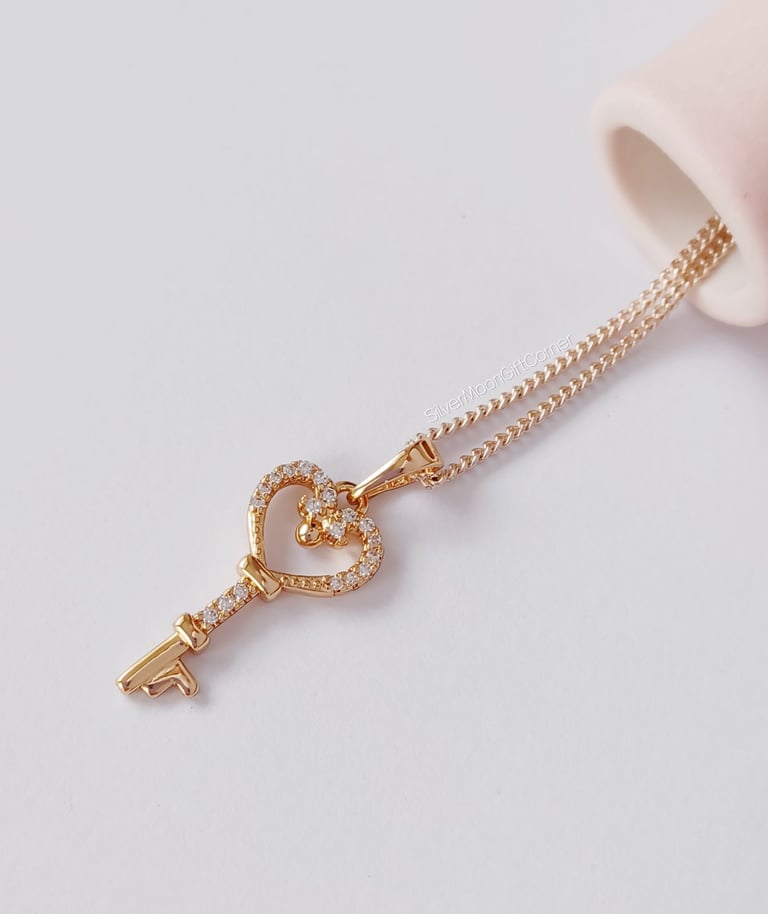 image for 18K Gold Plated Sparkling Key Pendant Necklace with CZ for Women Minimalist