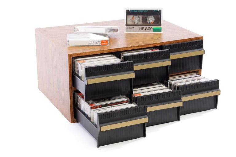 image for Classic Vintage Retro Cassette Tape Storage Unit Complete With 72 Recordable Cassettes