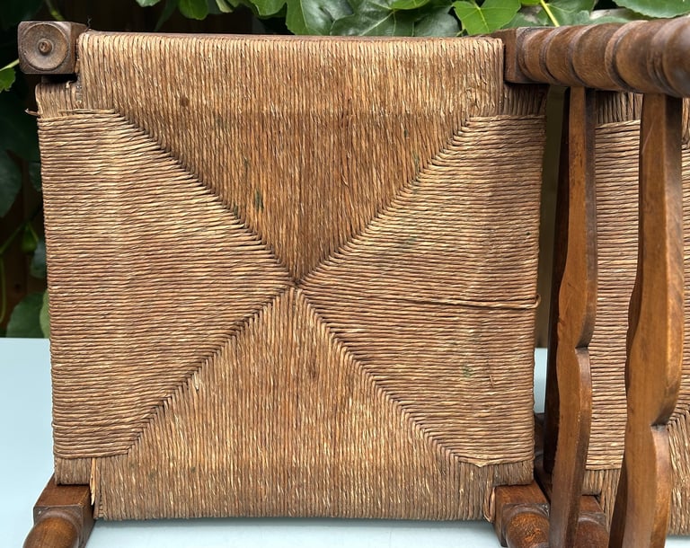 VINTAGE FRENCH BOBBIN LEG CHAIRS, CORNER CHAIRS, RUSH SEAT, H74cm - 1900s ARTS & CRAFTS - WILL POST!