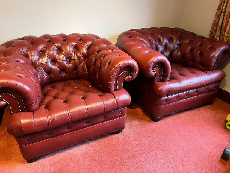 image for Two Burgundy Comfy Chesterfield Arm Chairs