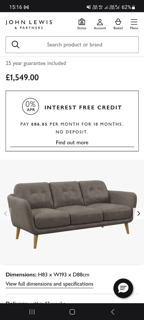 Large 3 seater sofa John Lewis 