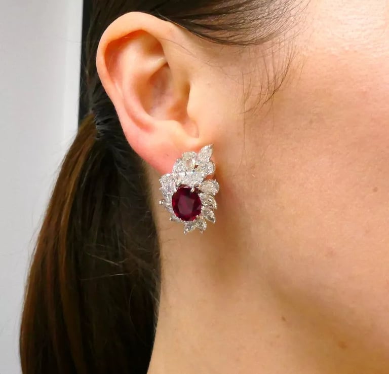 Ruby EARRINGS Cluster Diamond 18k Gold Mozambique Certified Estate Jewelry