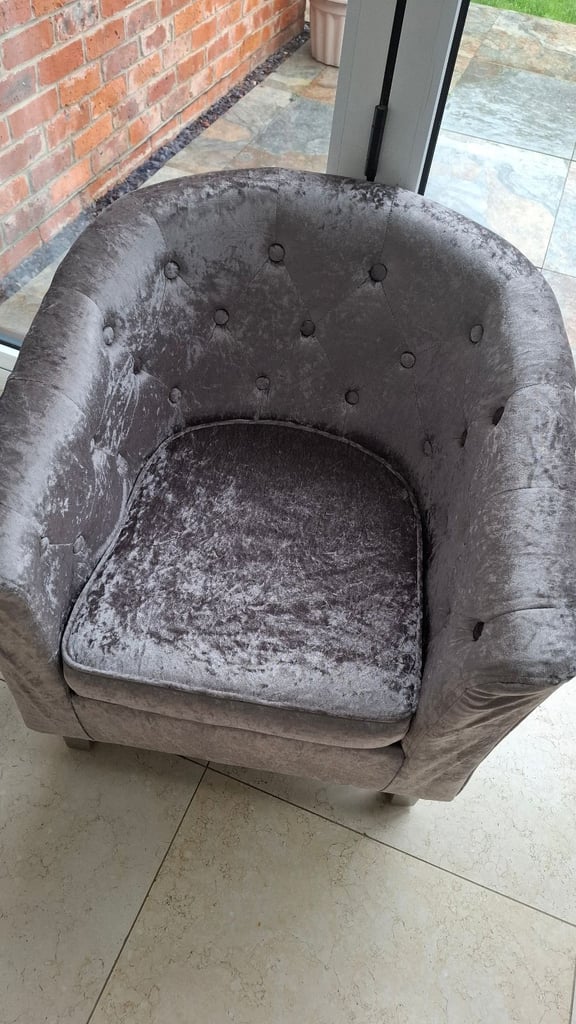 image for Silver grey velour, button back tub chair