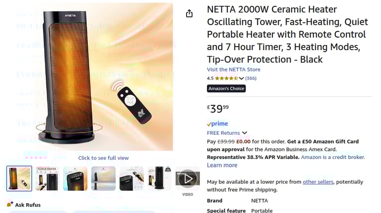 NETTA 2000W Ceramic Heater Oscillating Tower, Fast-Heating, Quiet Portable Heater