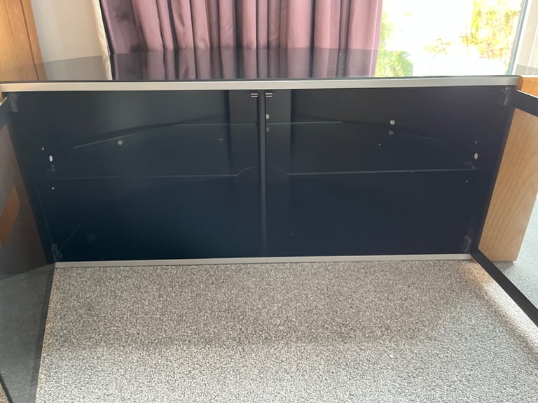 image for Oak and dark glass curved tv cabinet