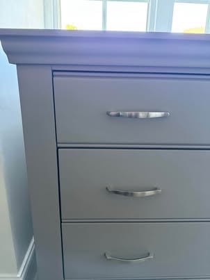 Lusso painted oak urban grey bedroom furniture, dressing table/desk, stool & chest of drawers.