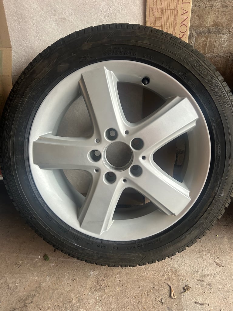 4 x Refurbished Mercedes 16 inch Alloy wheels with 2 x Dunlop + 2 x Avon 195 55 16 tyres (8mm)