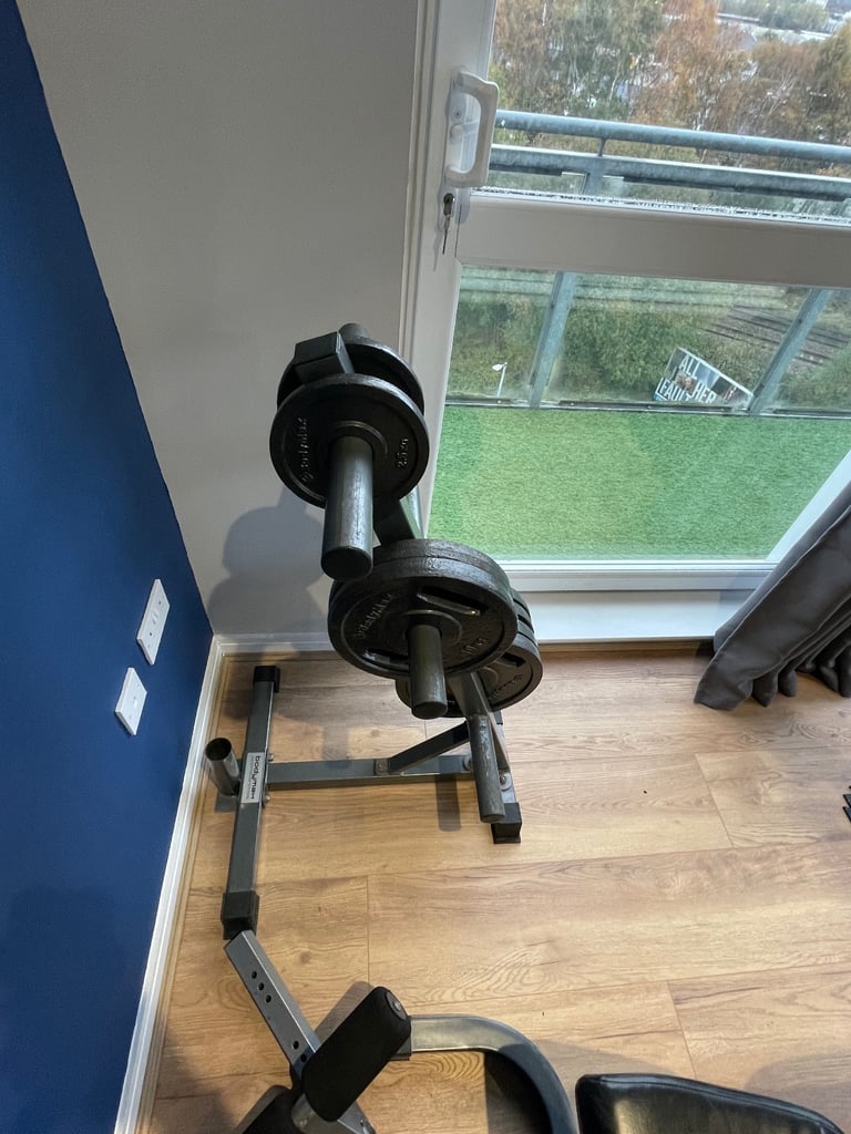 Bodymax full rack, attachments, 215kg cast weight plates and tree, 7ft 20kg barbell, bench, dumbells