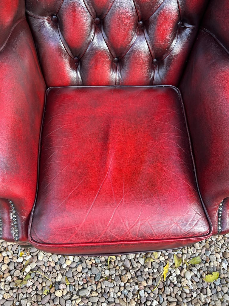 Beautiful Chesterfield Oxblood Leather Queen Anne Chair