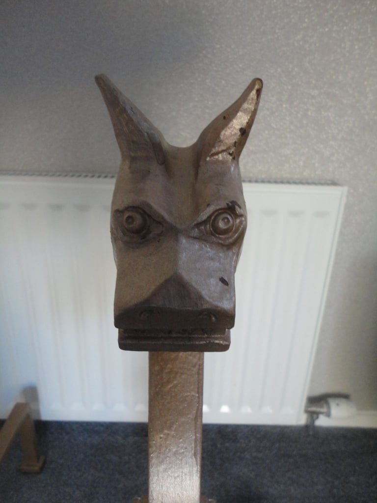 pair of heavy hand forged vintage ornate fire dogs , Andiron, wood burning fire 