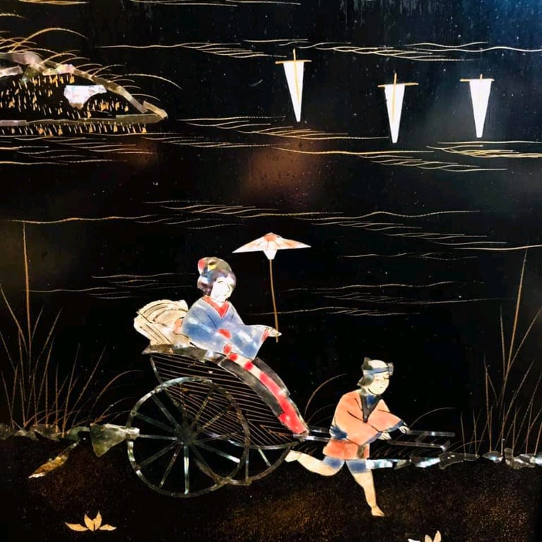 Chinese Four panel Folding Lacquered Screen With Inlaid Mother of Pearl