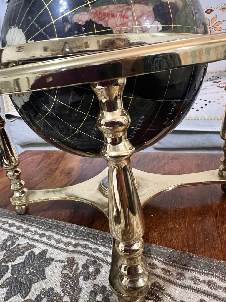World Globe semi precious gemstone, brass stand