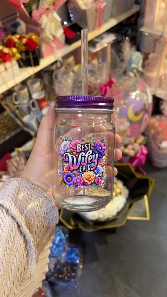 image for best wifey ever glass jar with straw