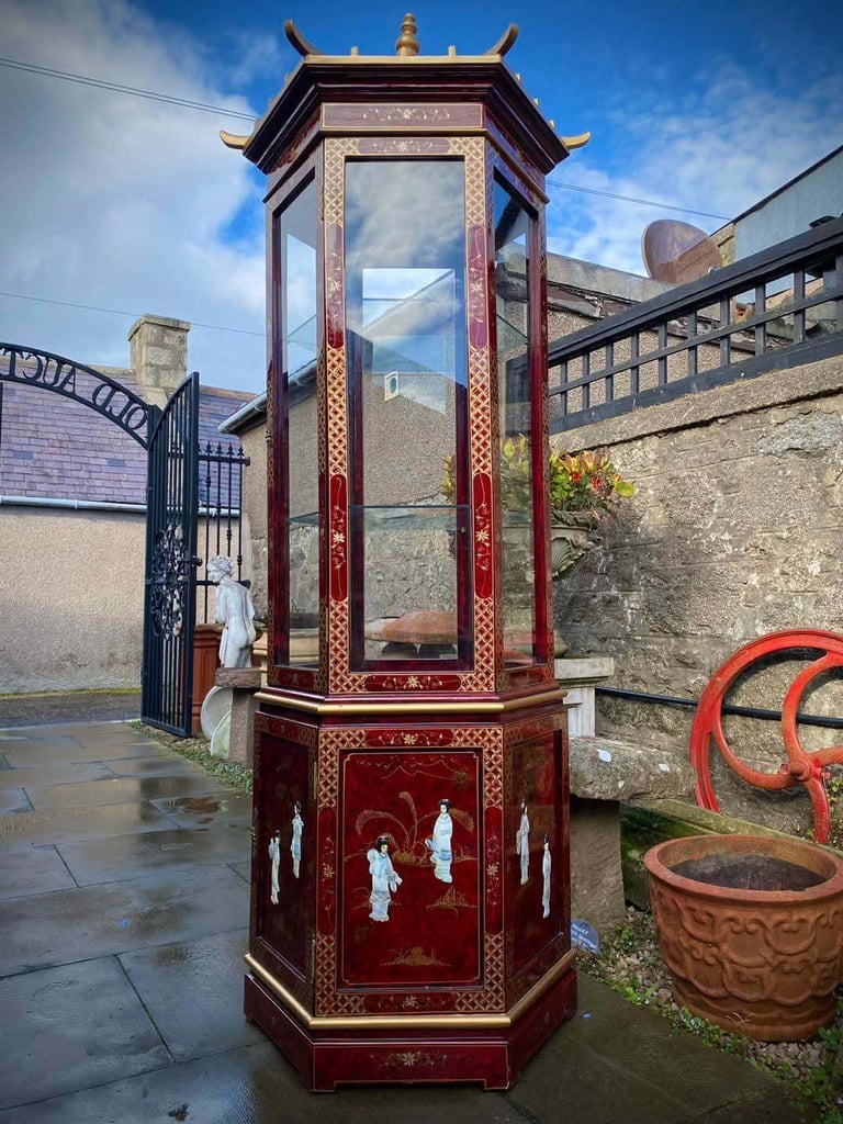 Tall (7ft) Chinese Oriental Style Red Lacquered Hexagonal Glazed Pagoda Display Cabinet